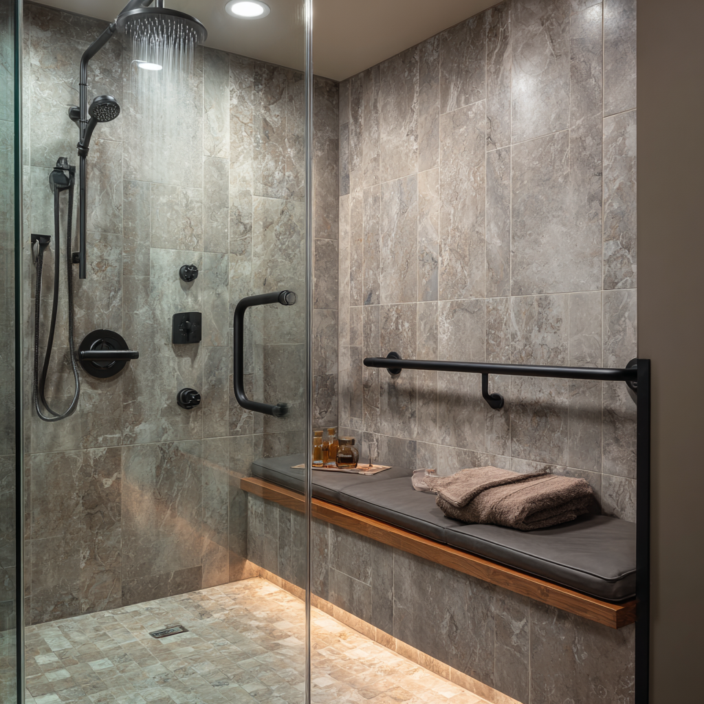 Curbless walk-in shower with built-in bench and grab bar, 2025 universal design