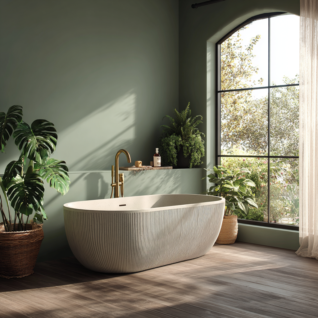 Fluted freestanding tub in sage green bathroom, 2025 wellness trend