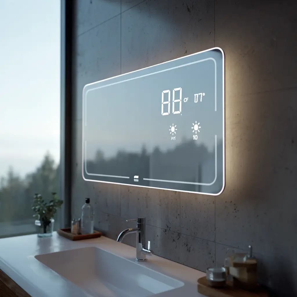 Smart LED mirror showing time, temperature, and news in 2025 bathroom