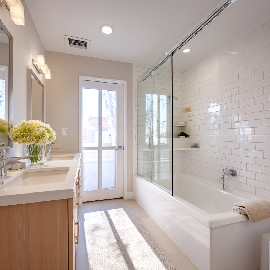 Efficient 5x8 small bathroom layout with pocket door and corner shower