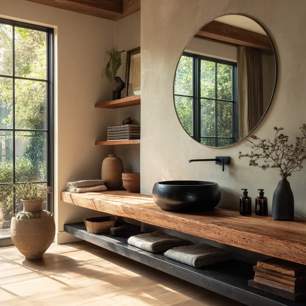 Reclaimed wood floating vanity in 2025 bathroom design trends