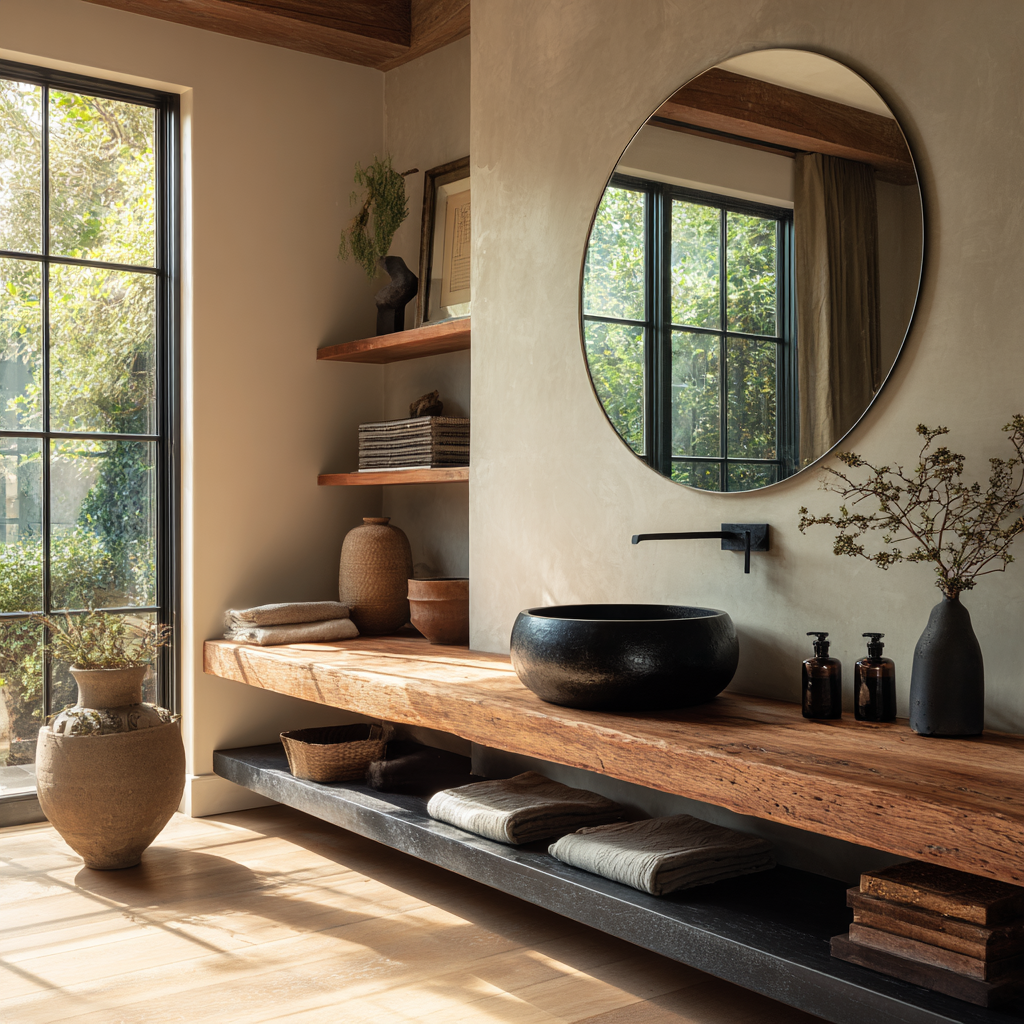Reclaimed wood floating vanity in 2025 bathroom design trends