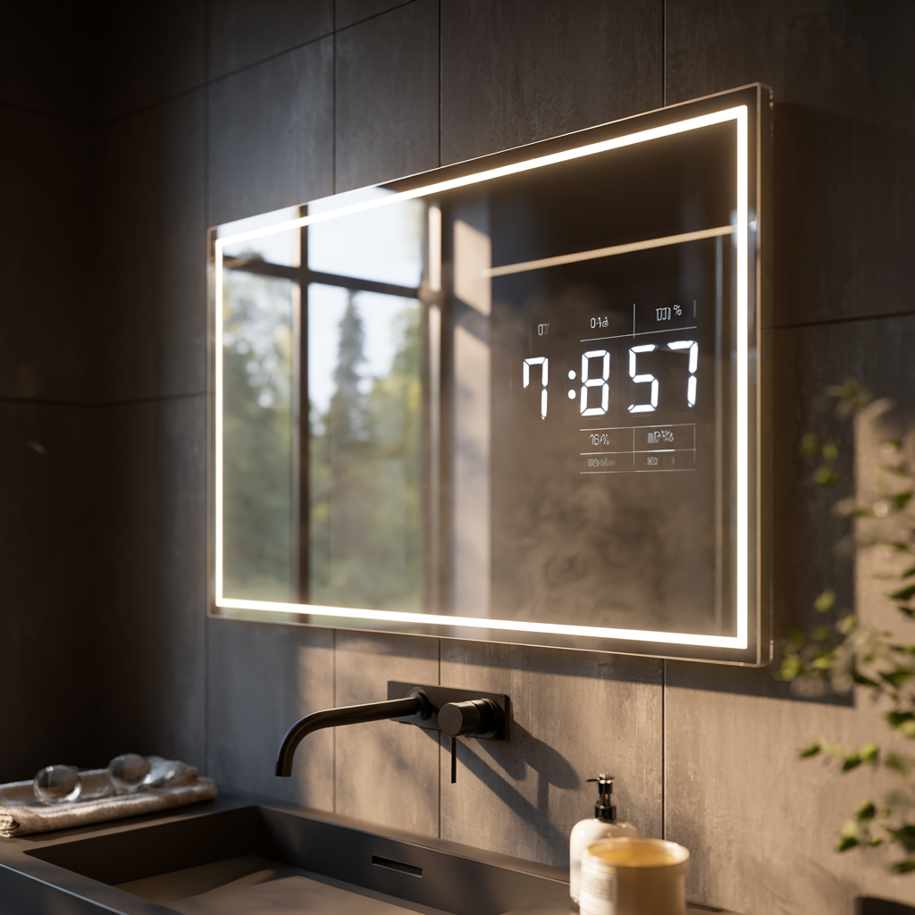 Backlit LED mirror showing time and weather in bathroom