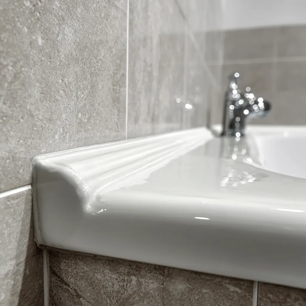 Fresh silicone caulk around bathtub edge