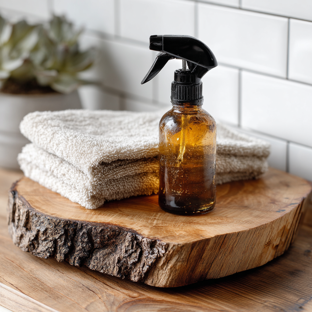 Natural vinegar spray cleaning bathroom tile