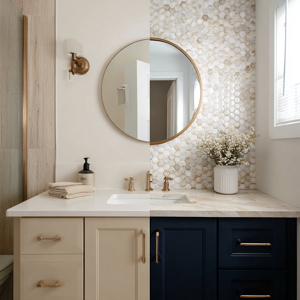 Budget bathroom remodel before and after with navy vanity and hexagon tile