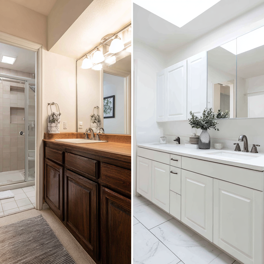 1990s dark oak bathroom before and after with skylight and white shaker cabinets