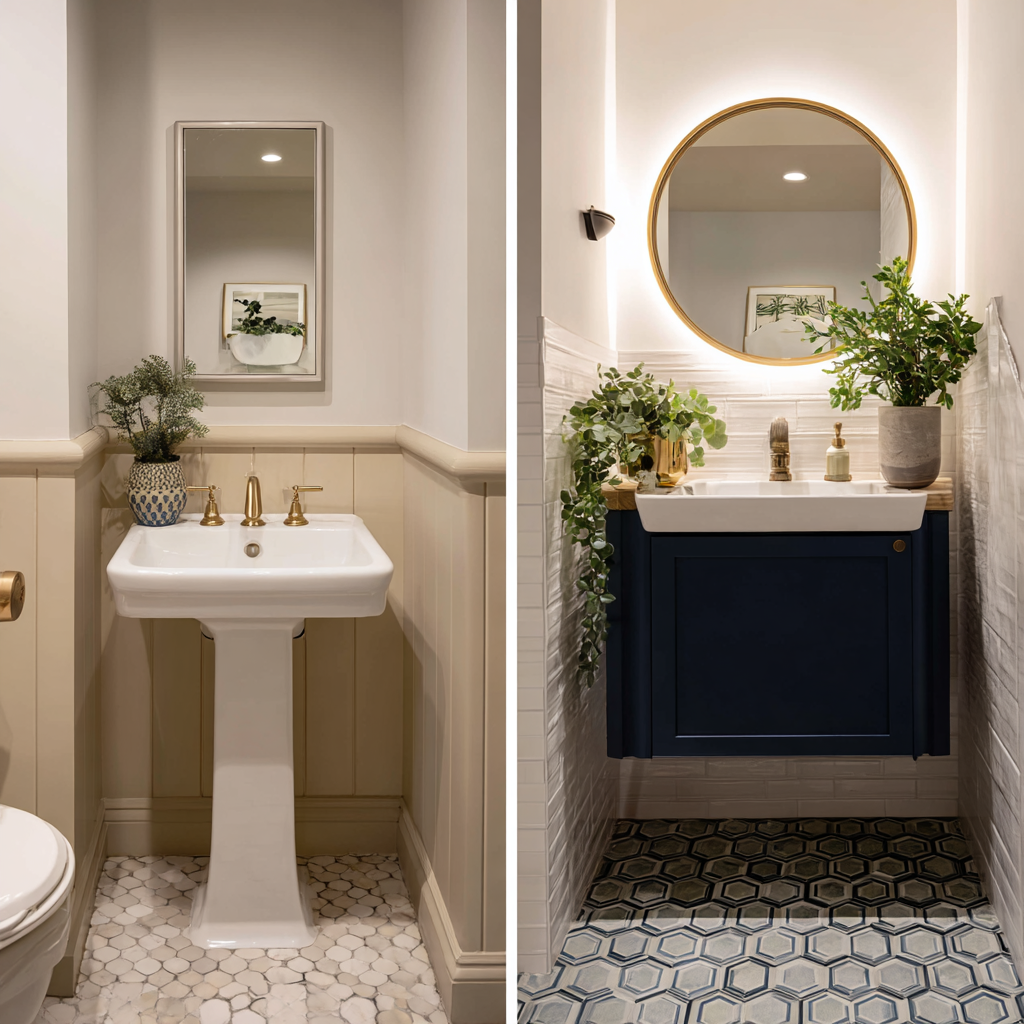 Small powder room before and after with hexagon tile and floating vanity
