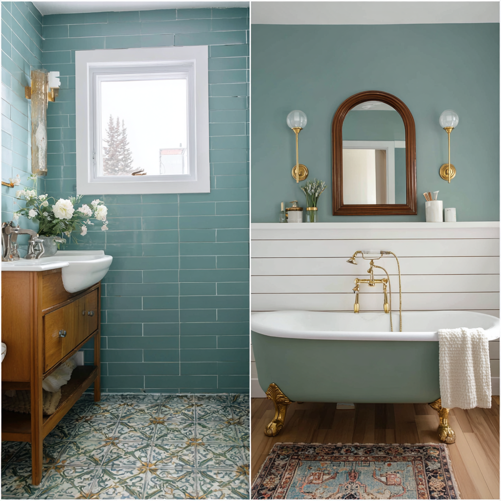 1960s teal tile bathroom transformed into modern farmhouse