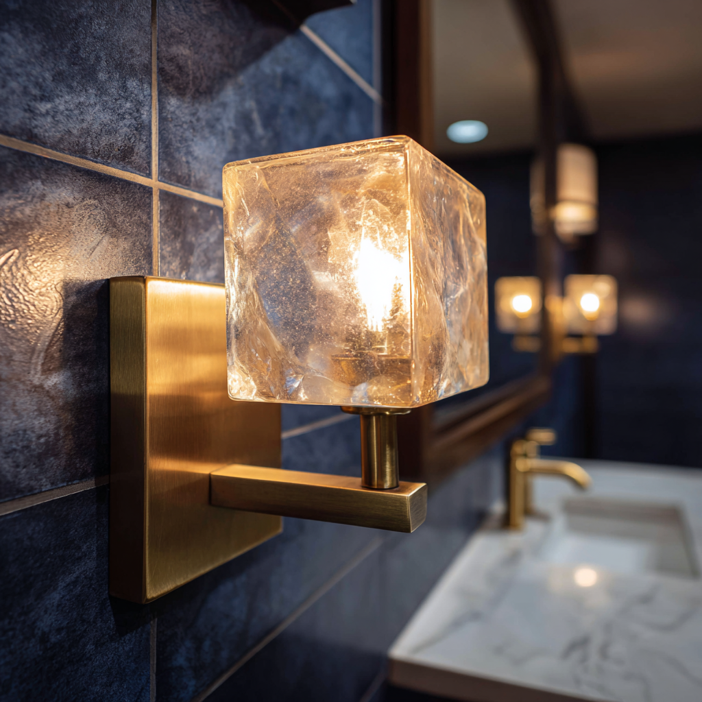 Warm brass sconce with smoked glass shade in bathroom