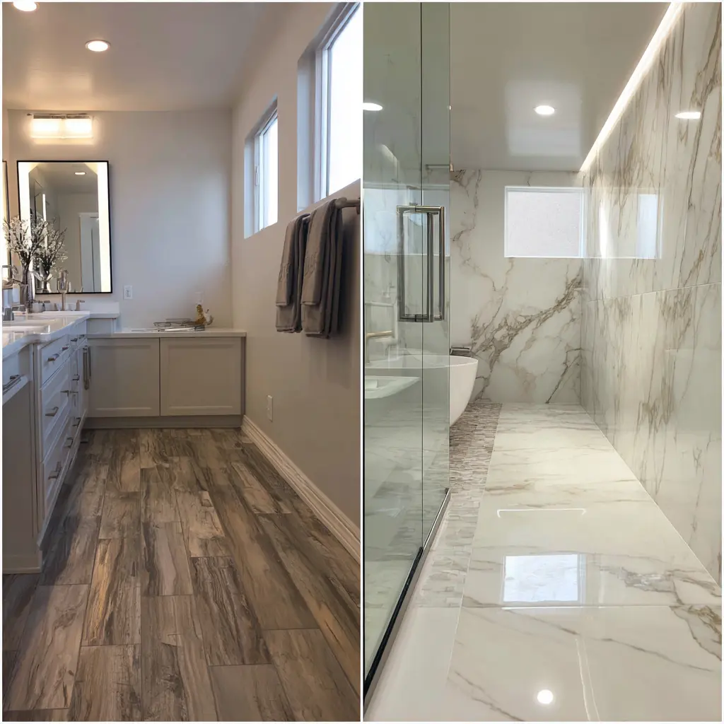 budget vs luxury bathroom materials side-by-side