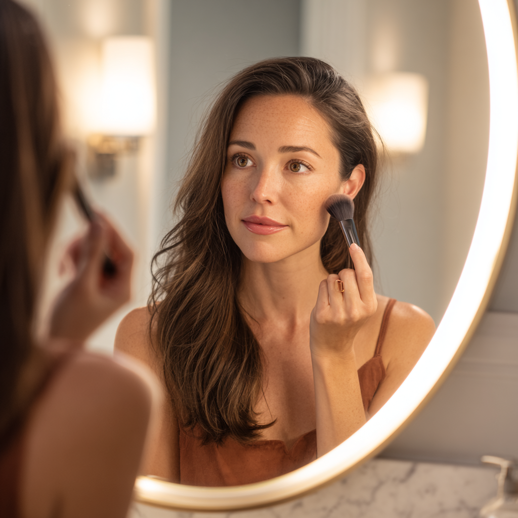 Vanity with dimmable LED bulbs at 3000K showing warm glow