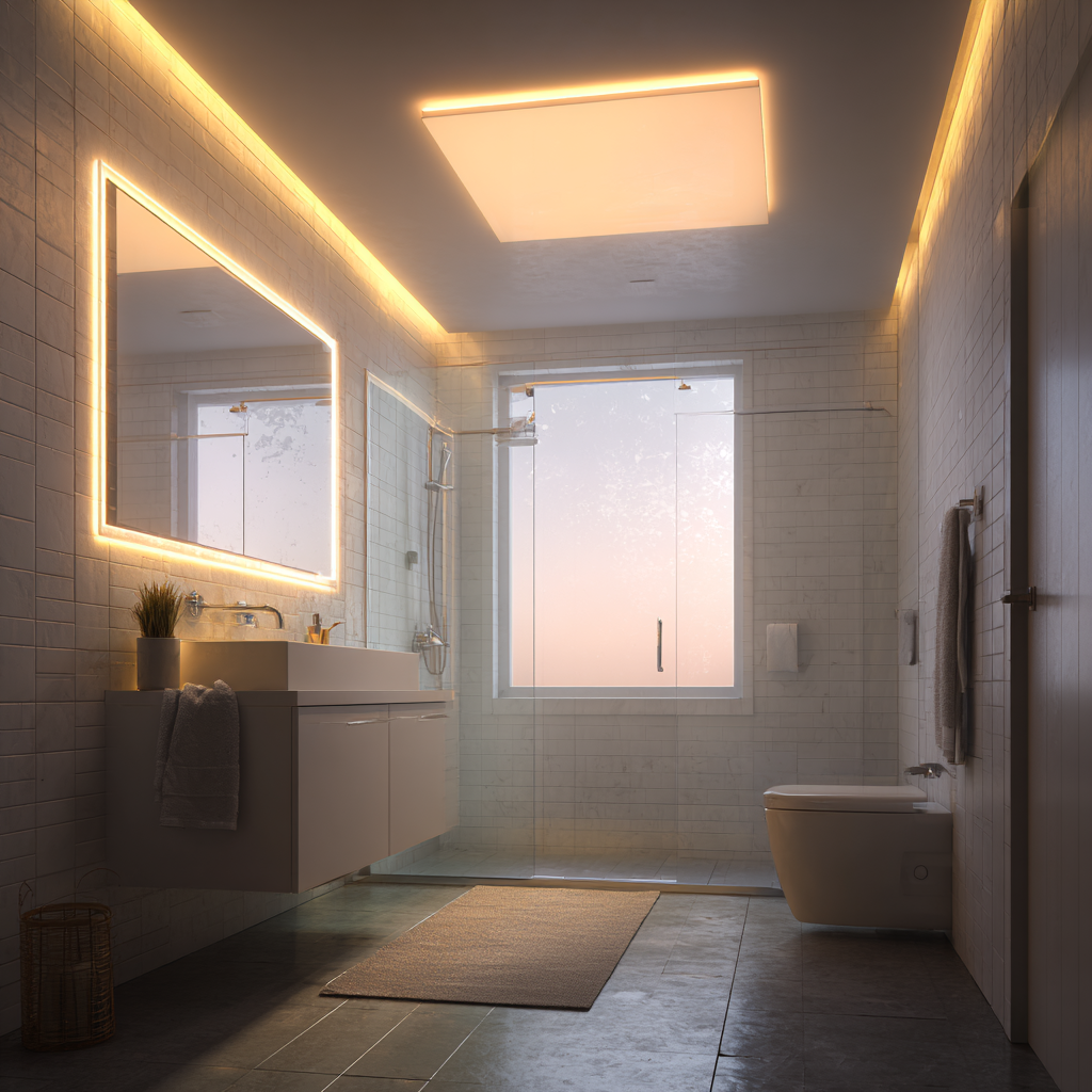 Smart LED ceiling panel simulating sunrise in modern bathroom