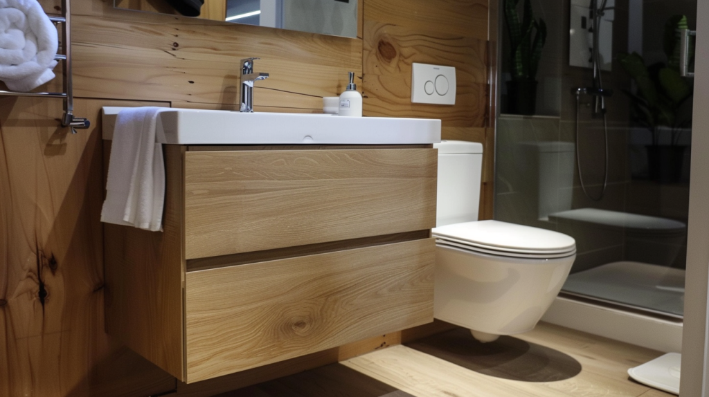 Compact vanity and wall-mount faucet in small bathroom