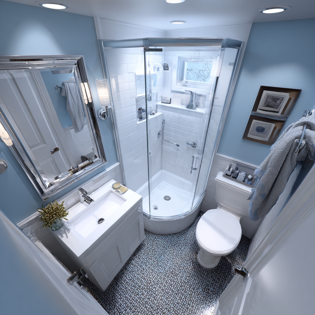 Corner sink with narrow vanity in 5x7 galley bathroom