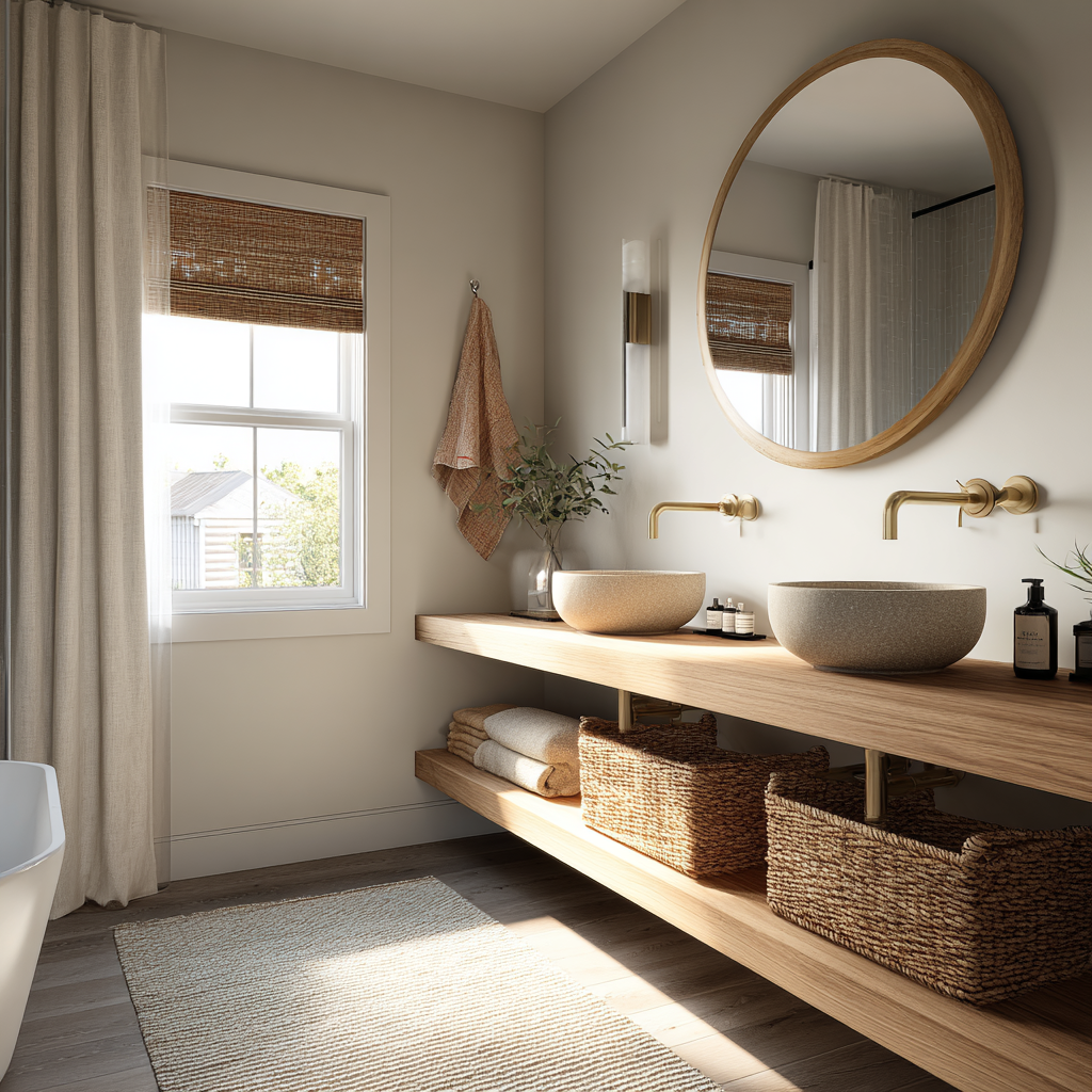 Creamy white walls with oak vanity and brass fixtures
