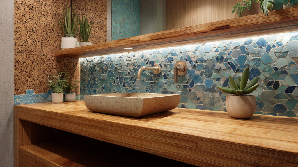 Eco-friendly bamboo vanity with recycled tile in San Jose bathroom