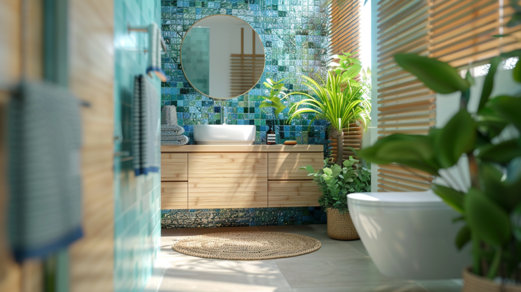 Bamboo vanity and recycled glass in small eco bathroom