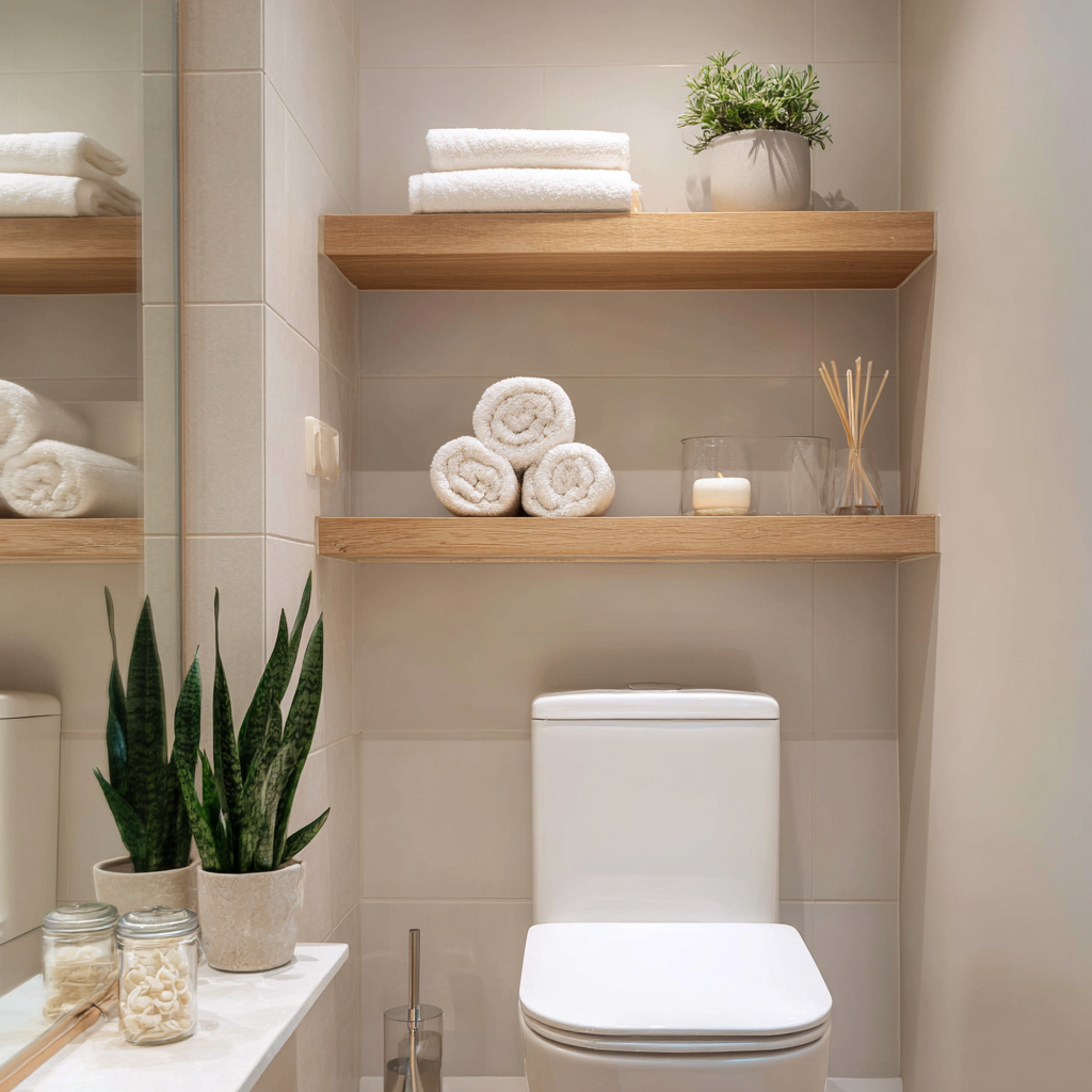Two oak floating shelves above toilet with towels and plants
