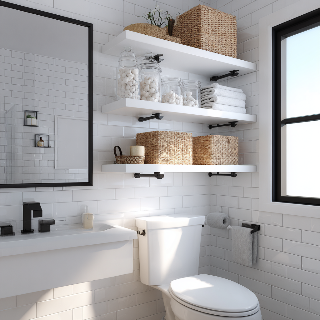 Three floating shelves with baskets above toilet in small bathroom