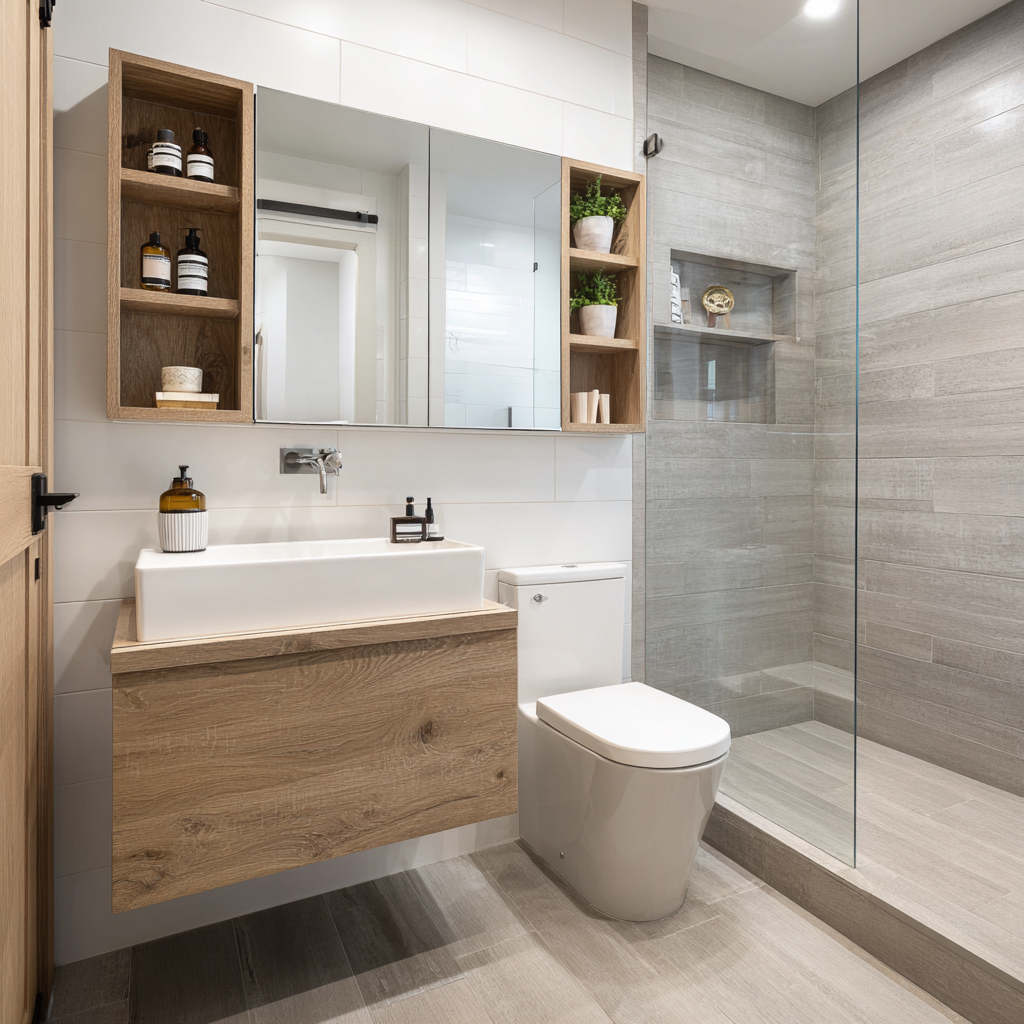 Floating vanity and wall-mounted toilet in small bathroom