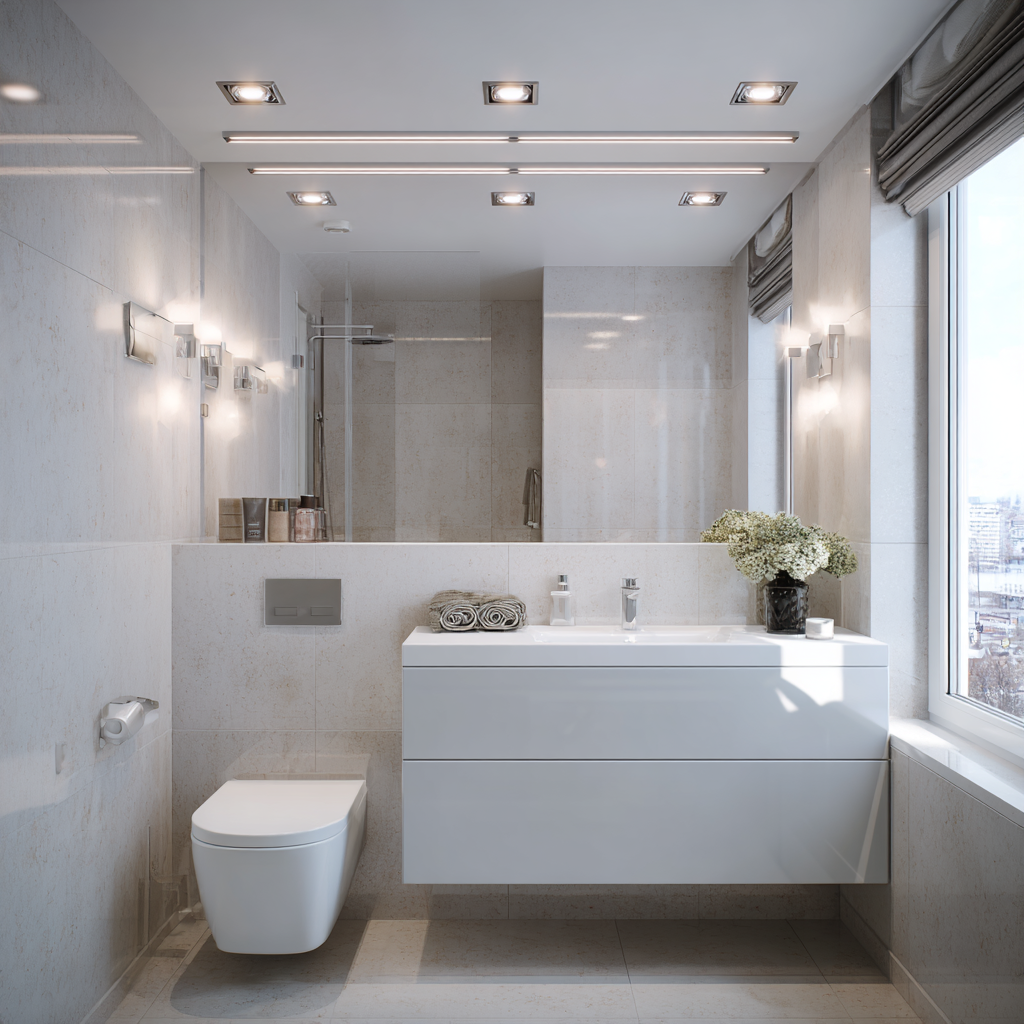 Full-wall frameless mirror reflecting recessed lights in small bath