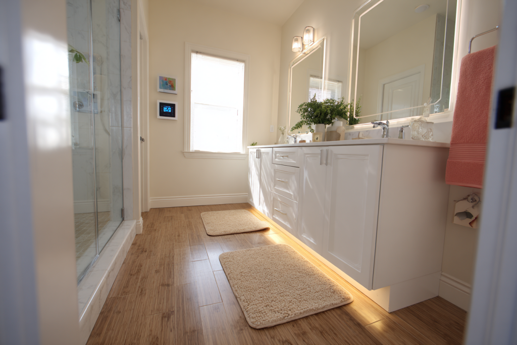 Heated flooring under bamboo in San Jose bathroom