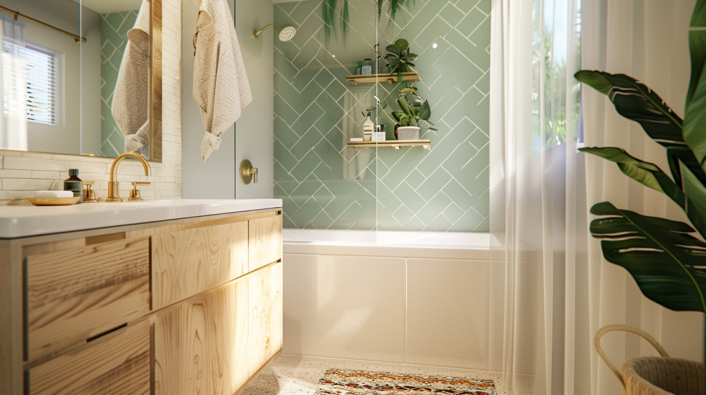 Prefab tub with custom tile niche in eco bathroom