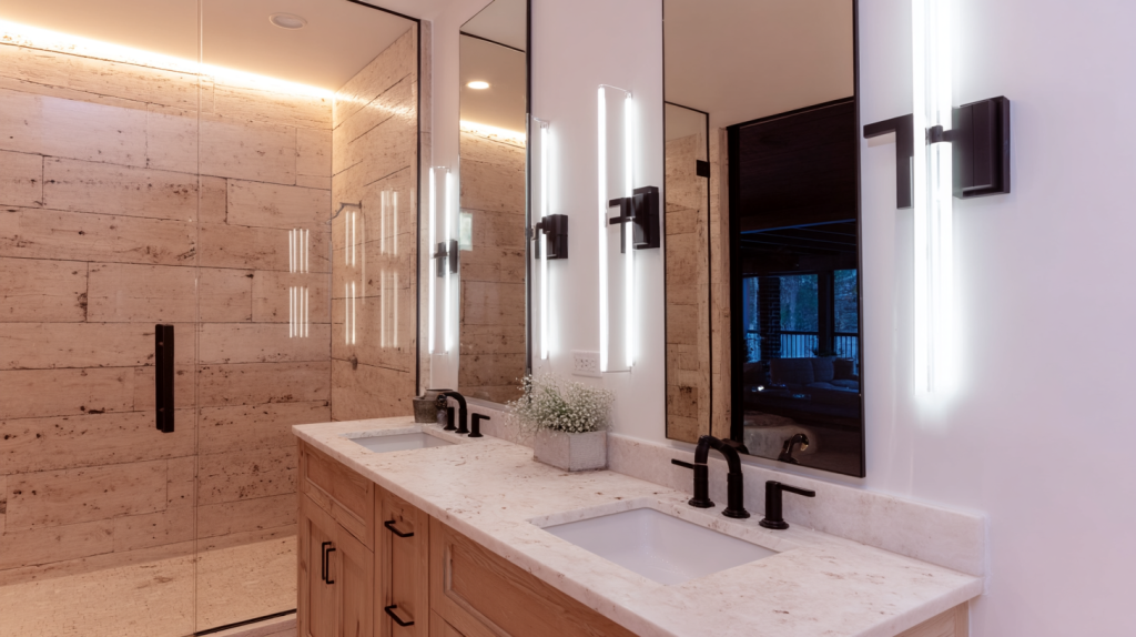 Layered lighting with sconces and LEDs in small bathroom