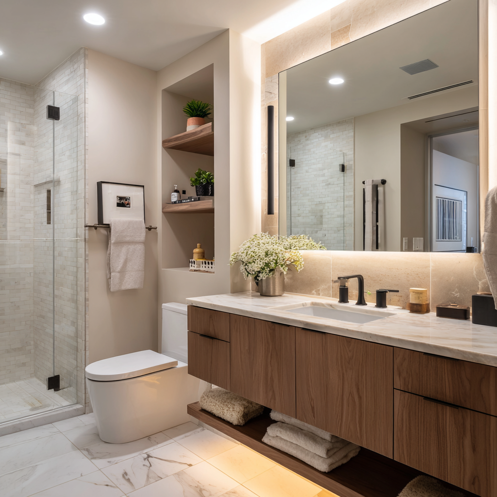 Three-layer lighting in small bathroom: recessed, sconce, toe-kick