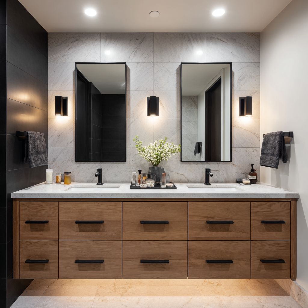 Double sconce vanity lighting with recessed ceiling lights