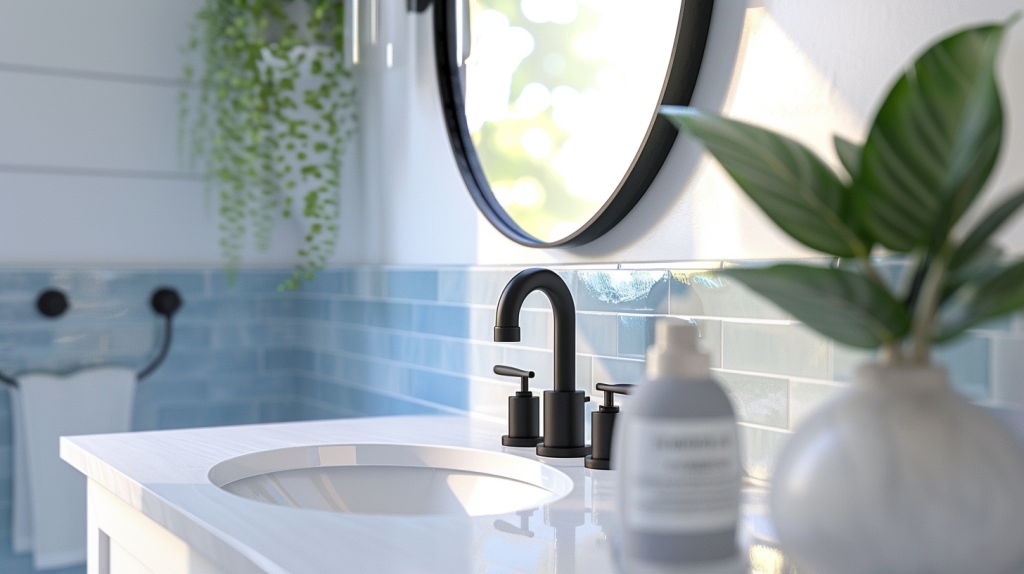 Light color palette with white and pale blue in small bathroom