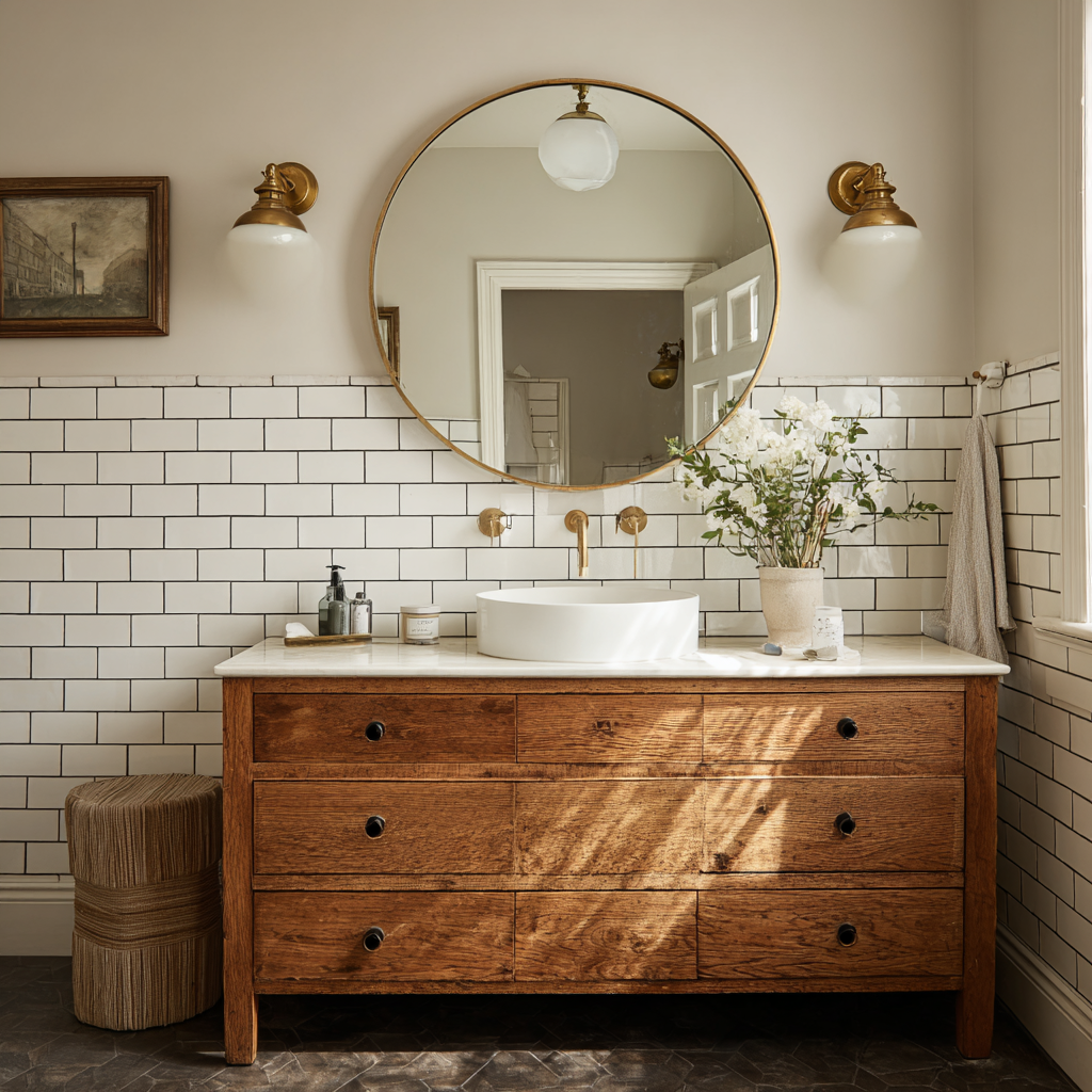Linen white walls with vintage brass and dark grout