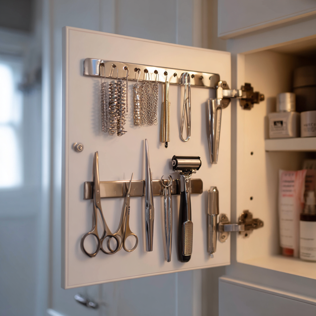 Magnetic strip inside vanity door holding grooming tools