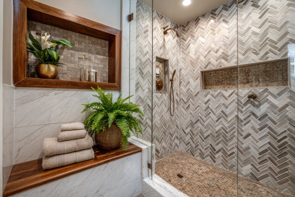 Custom recycled porcelain tile shower in California home