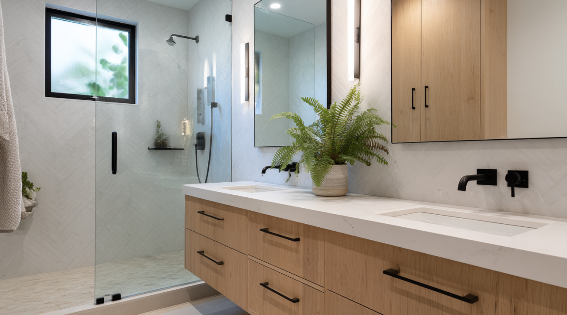 Minimalist bathroom with floating vanity in San Jose home