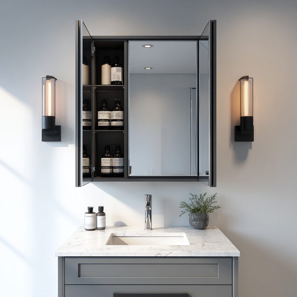 Mirrored medicine cabinet with side sconces above sink