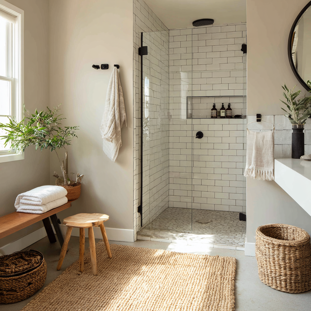 Monochrome neutral bathroom with varied textures
