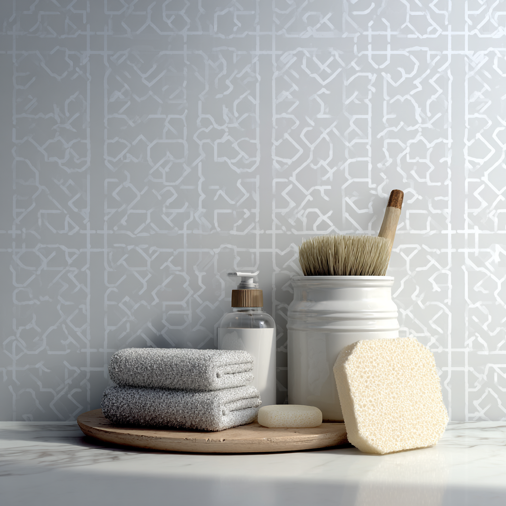 Moroccan stencil painted accent wall in gray