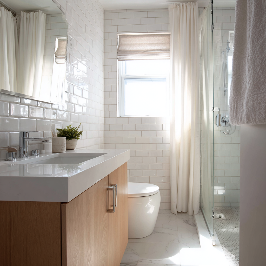 Frosted clerestory window flooding small bathroom with natural light