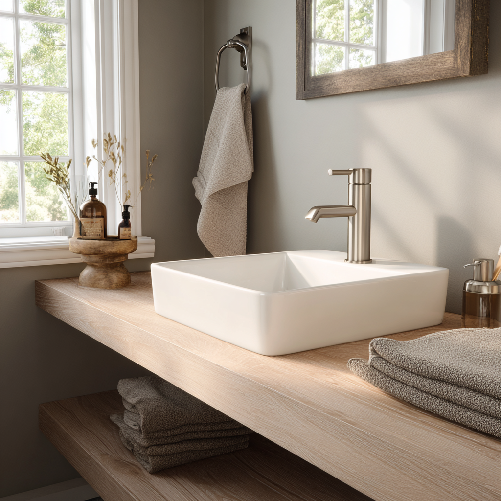 Brushed nickel faucet and towel bar in updated bathroom
