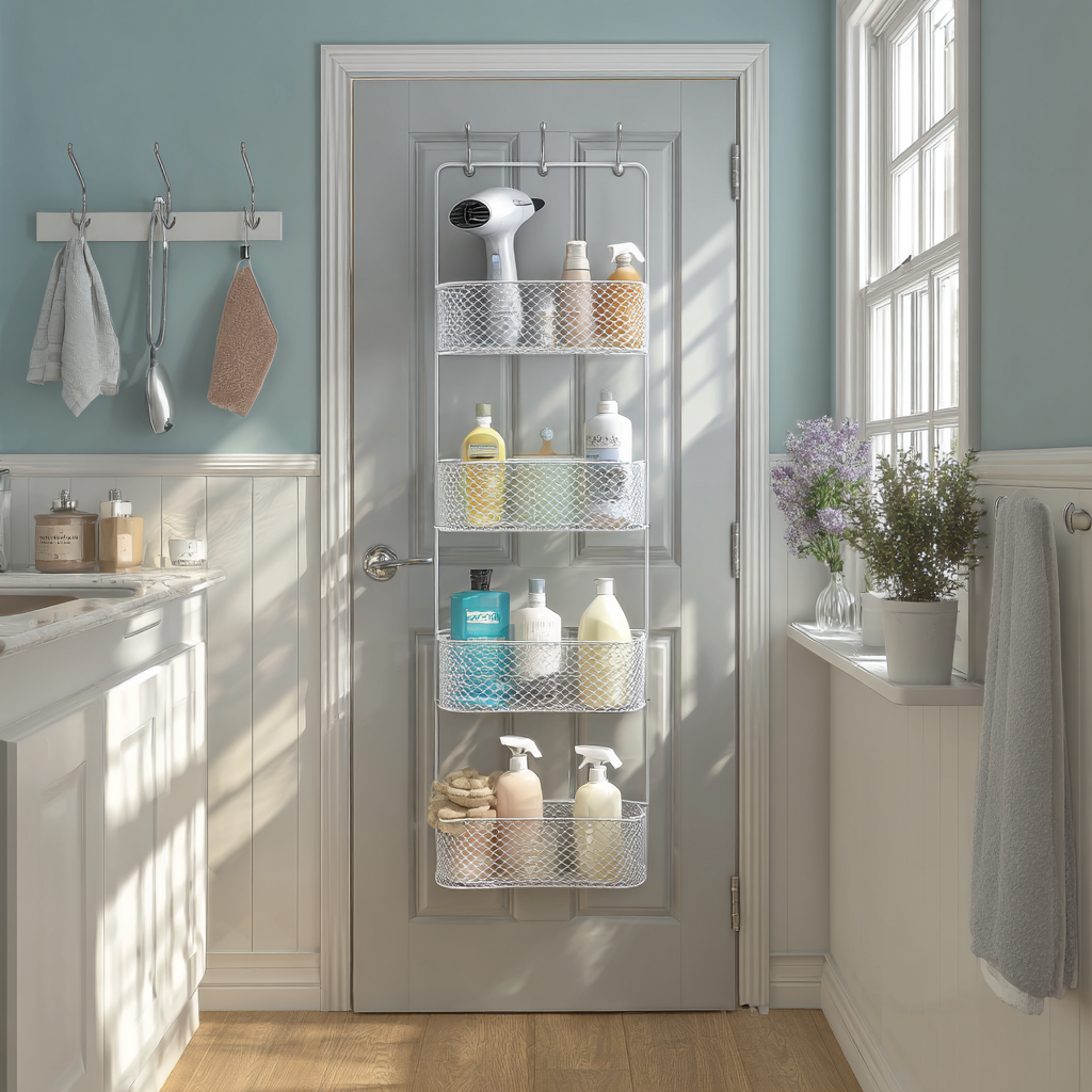 Three-tier mesh basket hanging on bathroom door