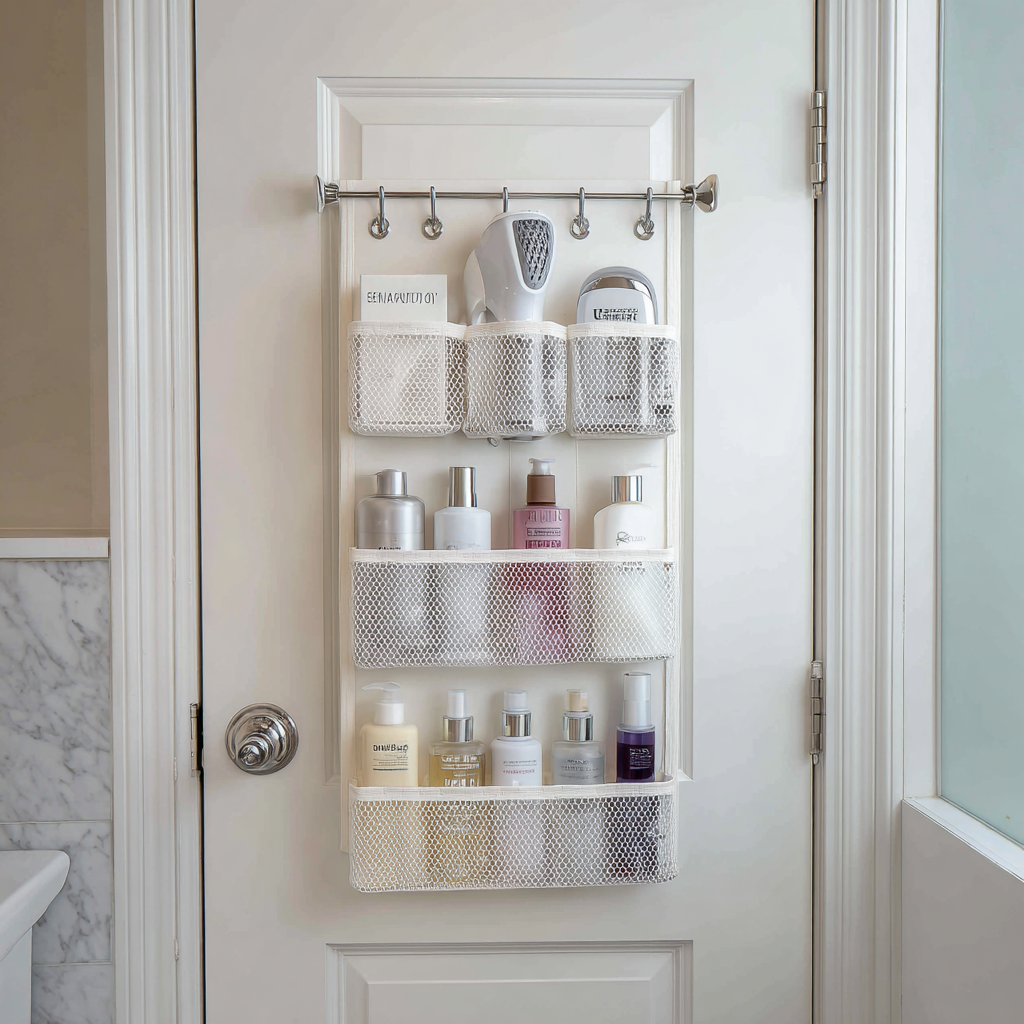 Mesh over-door organizer with hair tools and supplies