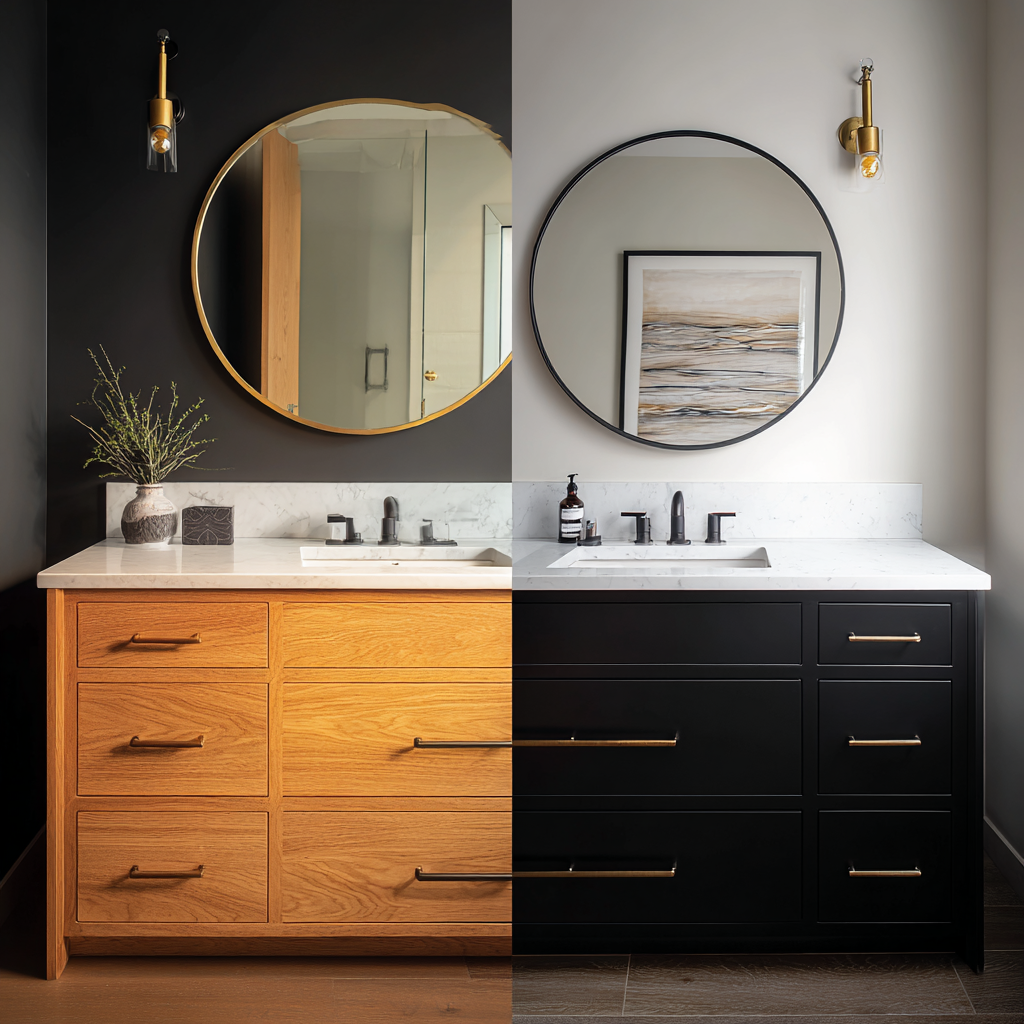 Oak vanity painted matte black with new hardware