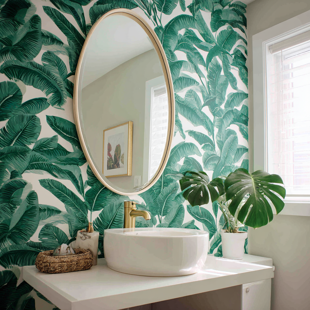 Emerald palm peel-and-stick wallpaper accent wall