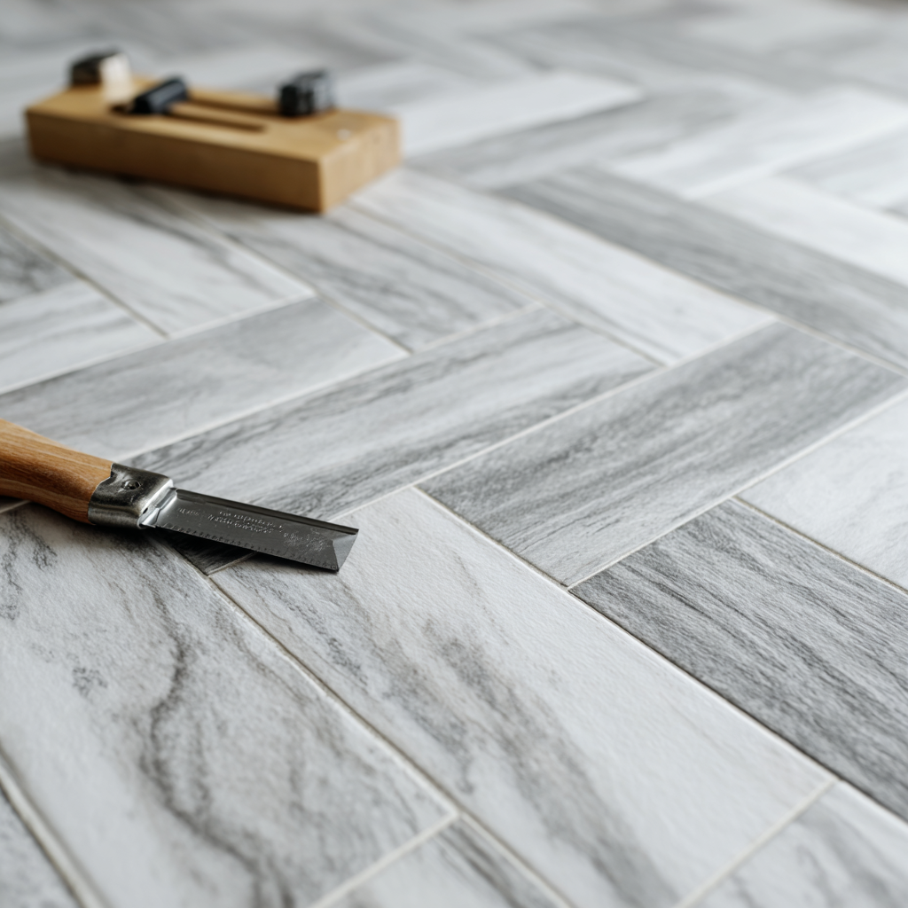 Peel-and-stick herringbone floor tiles in bathroom