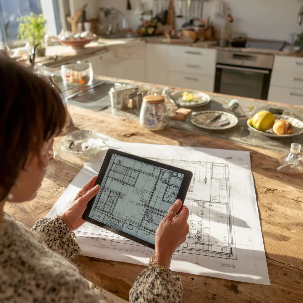 Planning bathroom remodel on digital tablet