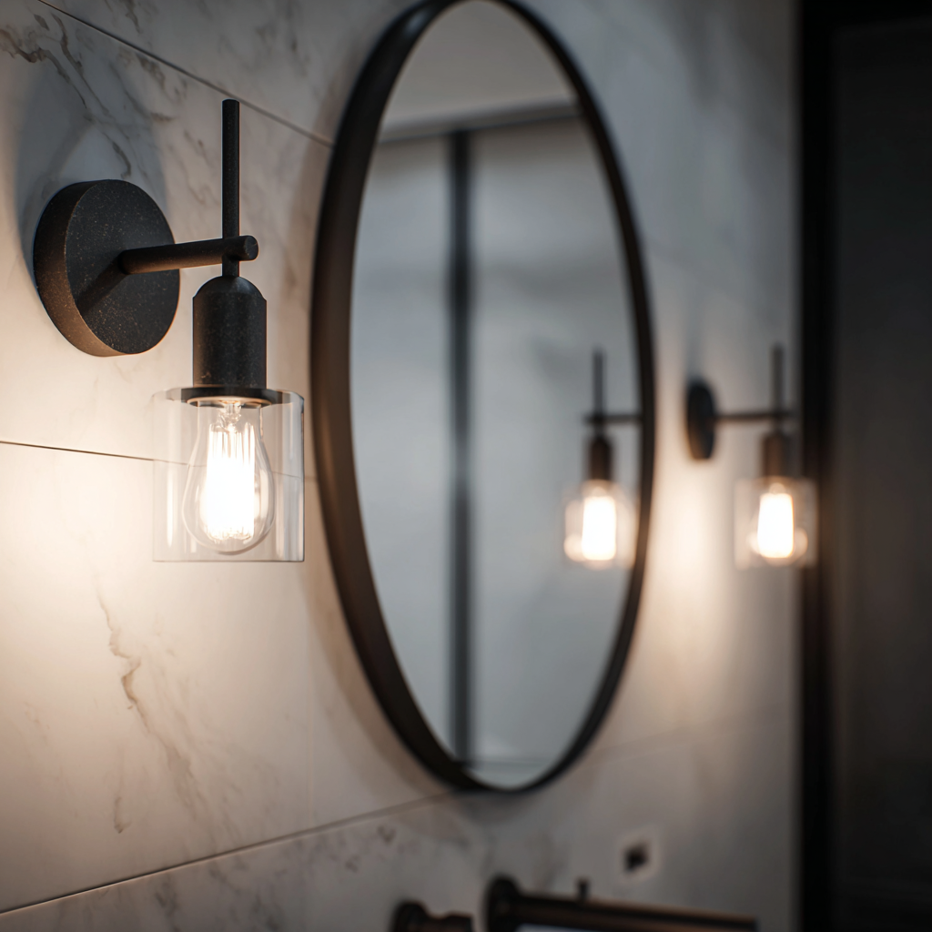 Plug-in matte black sconces beside bathroom mirror