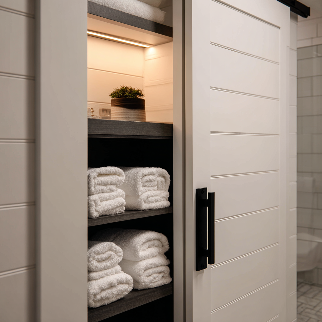 Pocket door sliding into wall with recessed towel niche