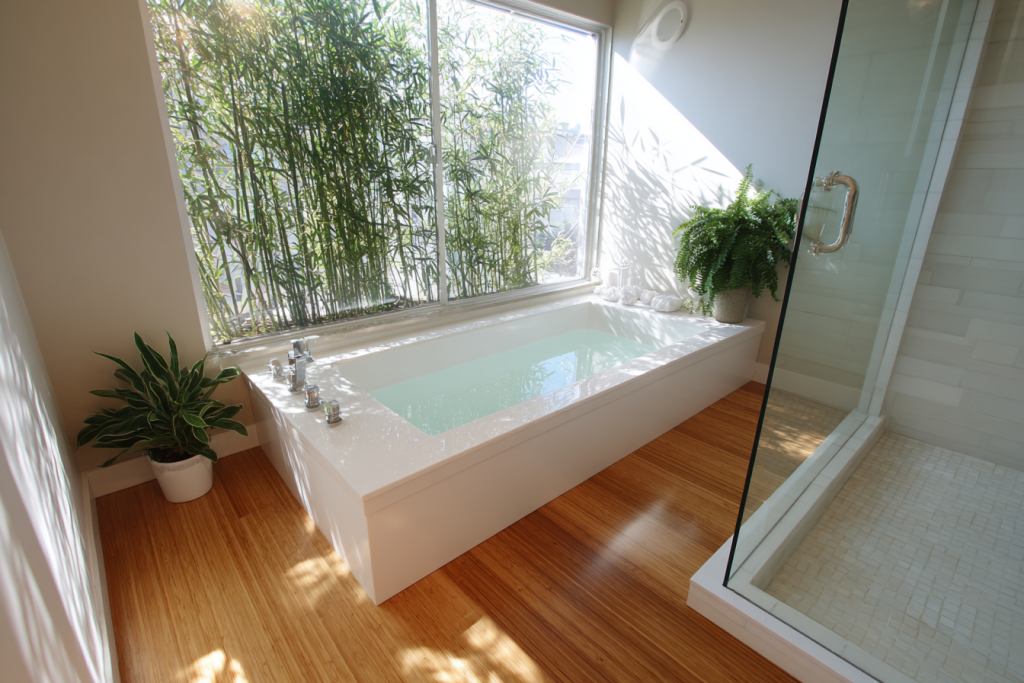 Prefab tub installation in modern California bathroom